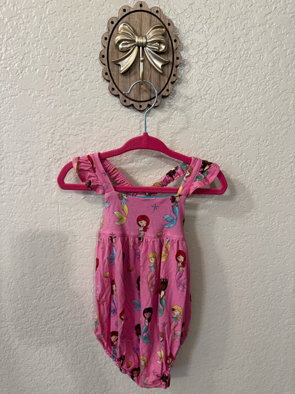 Posh Peanut Pink Mermaid Print Romper with Teal Lining